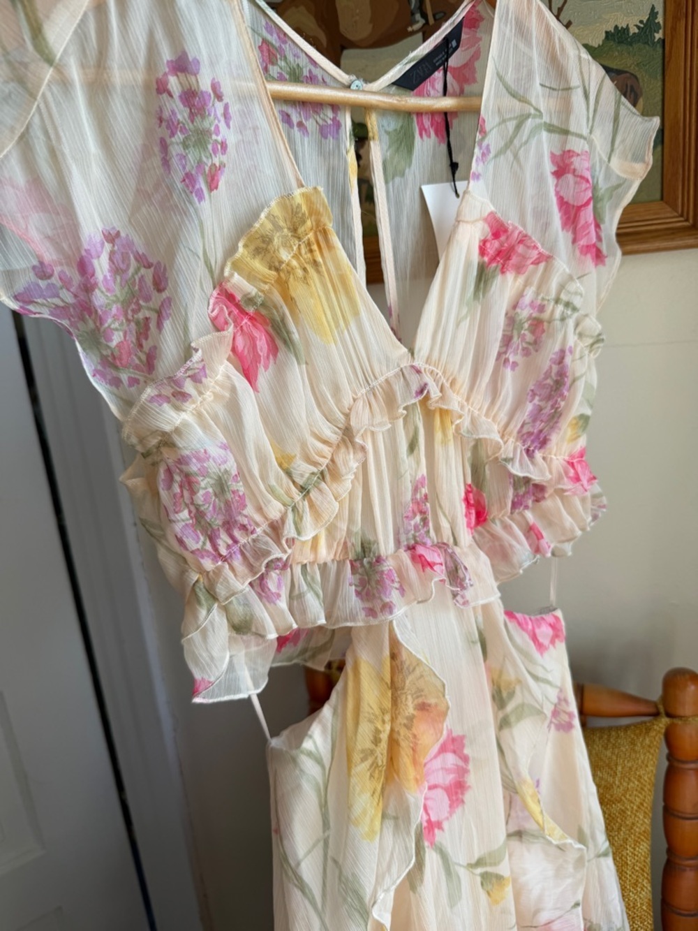 Zara Floral Ruffle Flowy Wedding Guest Fairycore Dress Sheer Chiffon Cream NWT S - Picture 5 of 11